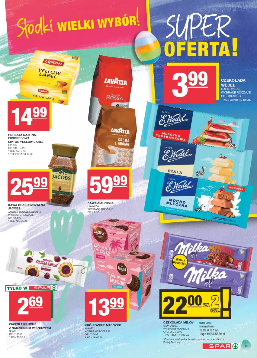 Gazetka promocyjna Spar - Spar - ważna 17.03 do 27.03.2024 - strona 15 - produkty: Ciastka, Czekolada, Herbata, Herbata czarna, Jacobs, Kawa, Kawa rozpuszczalna, Kawa ziarnista, Królewski, Królewskie Mleczko, Lavazza, Lipton, Milka, Mleczko, Torebka, Wawel