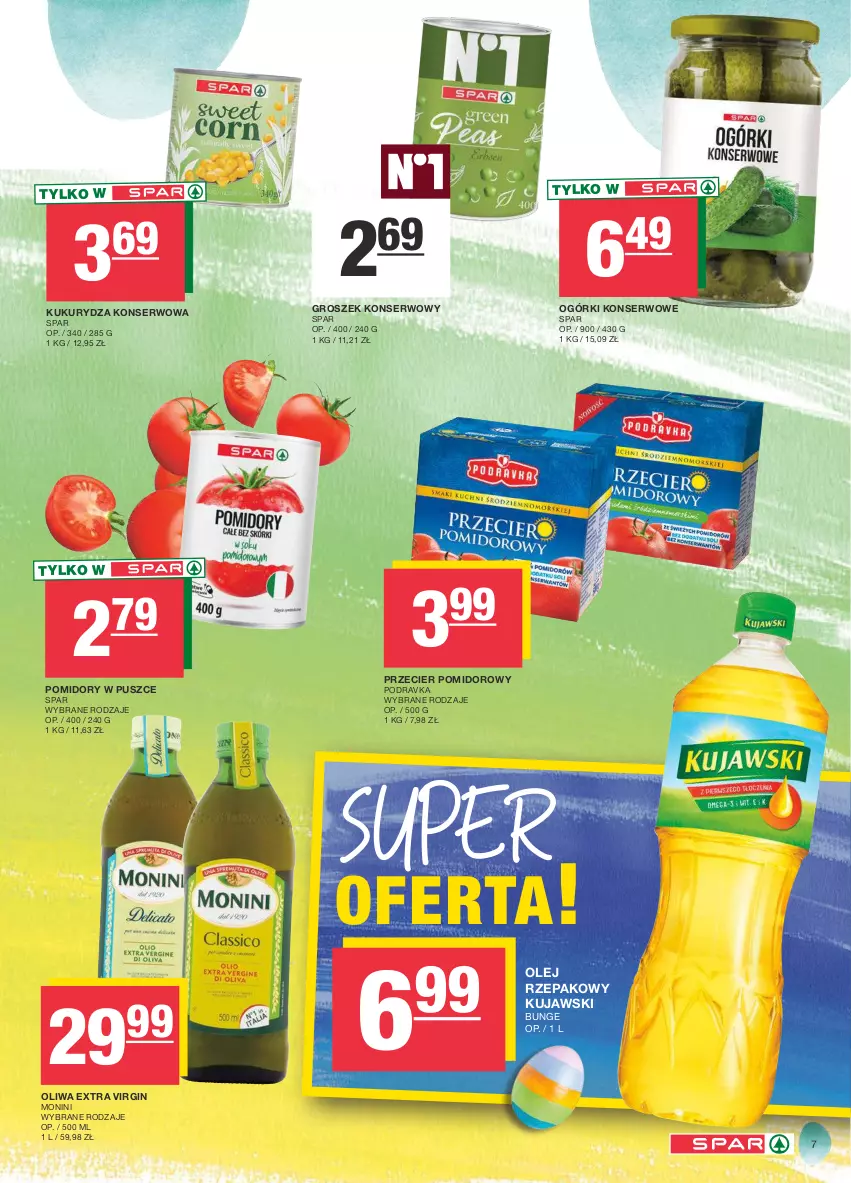 Gazetka promocyjna Spar - Spar - ważna 17.03 do 27.03.2024 - strona 7 - produkty: Gin, Groszek, Kujawski, Kukurydza, Kukurydza konserwowa, Monini, Ogórki konserwowe, Olej, Olej rzepakowy, Podravka, Pomidory, Ser