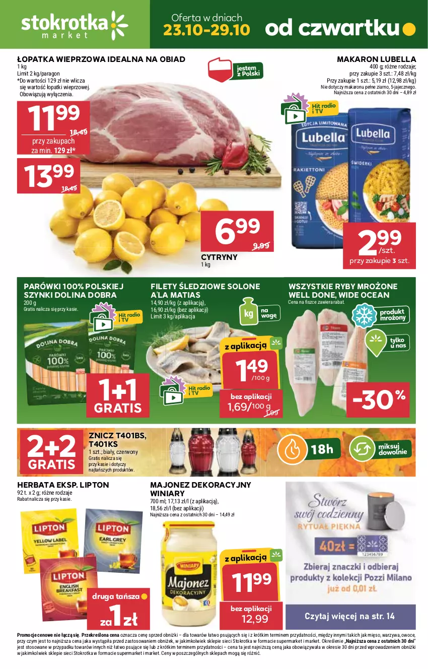 Gazetka promocyjna Stokrotka - Market - ważna 23.10 do 29.10.2025 - strona 1 - produkty: Bell, Bella, Cytryny, Gra, Herbata, Lipton, Lubella, Majonez, Makaron, Mięso, Owoce, Parówki, Warzywa, Winiary, Znicz