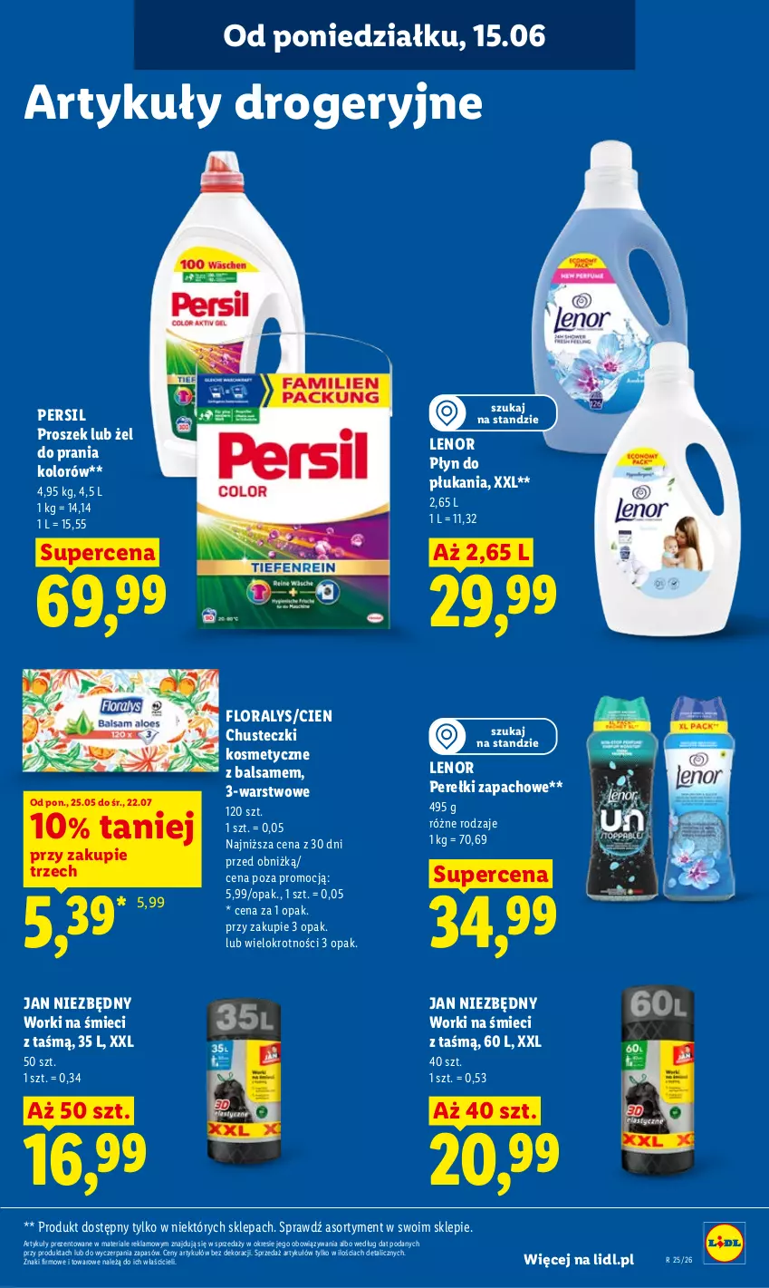 Gazetka promocyjna Lidl - Gazetka ważna od 15.06 do 17.06 - ważna 15.06 do 17.06.2026 - strona 95 - produkty: Chusteczki, Chusteczki kosmetyczne, Flora, Jan Niezbędny, Lenor, Perełki zapachowe, Persil, Płyn do płukania, Worki na śmiec, Worki na śmieci