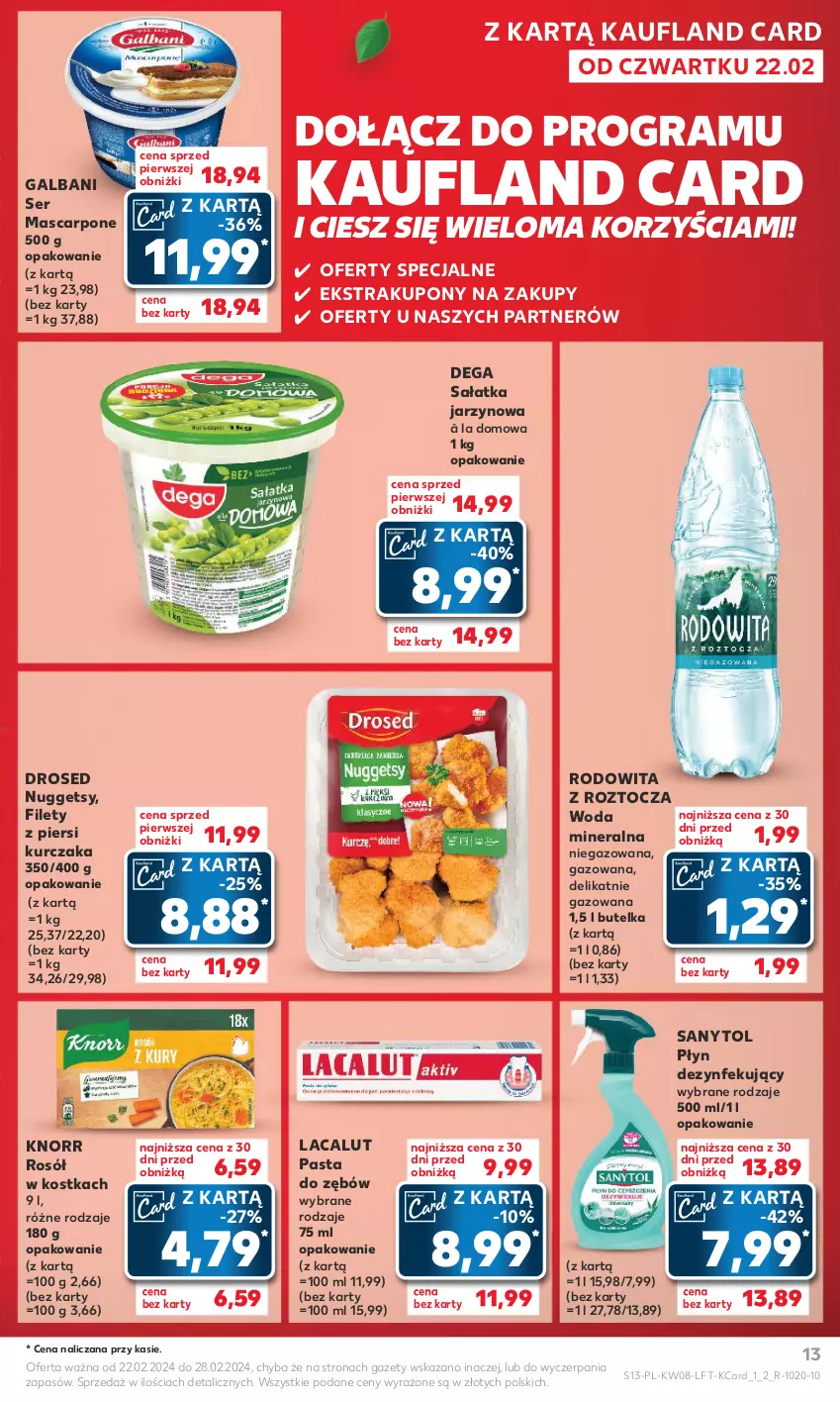 Gazetka promocyjna Kaufland - Gazetka tygodnia - ważna 22.02 do 28.02.2024 - strona 13 - produkty: Dega, Galbani, Gra, Knorr, Kurczak, Lacalut, Mascarpone, Pasta do zębów, Rosół, Sałat, Sałatka, Sanytol, Ser, Woda, Woda mineralna