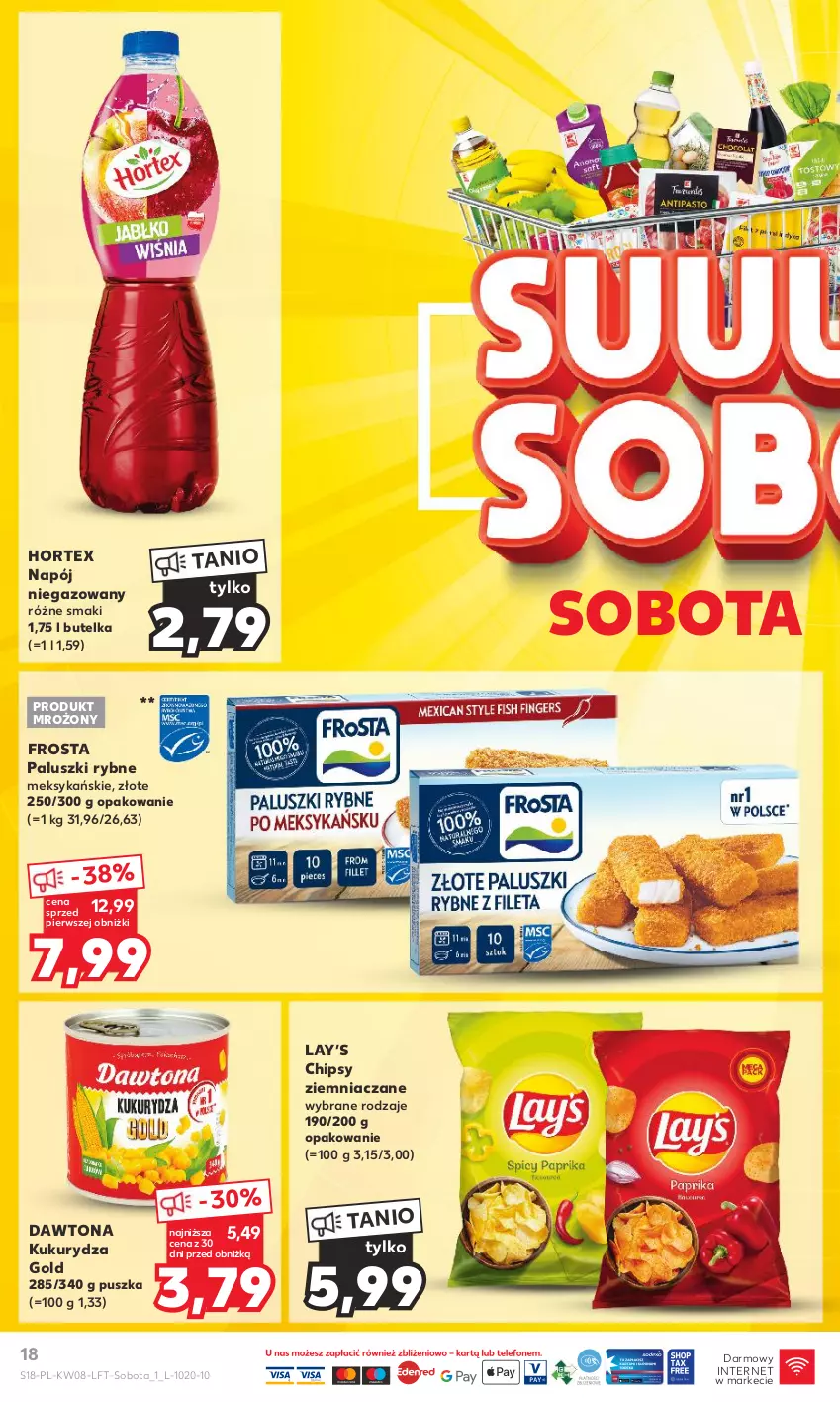 Gazetka promocyjna Kaufland - Gazetka tygodnia - ważna 22.02 do 28.02.2024 - strona 18 - produkty: Chipsy, Dawtona, Frosta, Hortex, Kukurydza, Lay’s, Napój, Napój niegazowany, Paluszki rybne