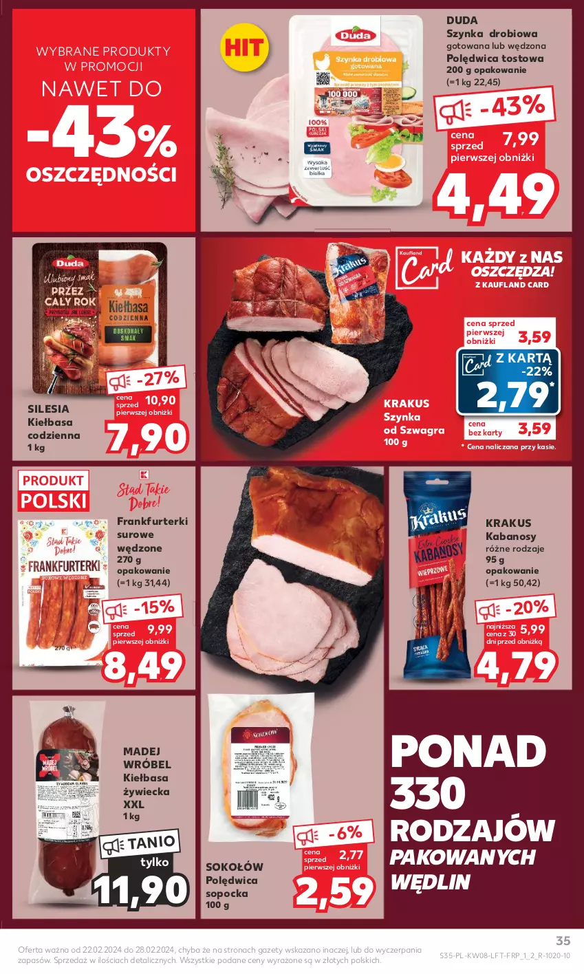 Gazetka promocyjna Kaufland - Gazetka tygodnia - ważna 22.02 do 28.02.2024 - strona 35 - produkty: Duda, Frankfurterki, Gra, Kabanos, Kiełbasa, Krakus, Madej Wróbel, Polędwica, Sok, Sokołów, Szynka