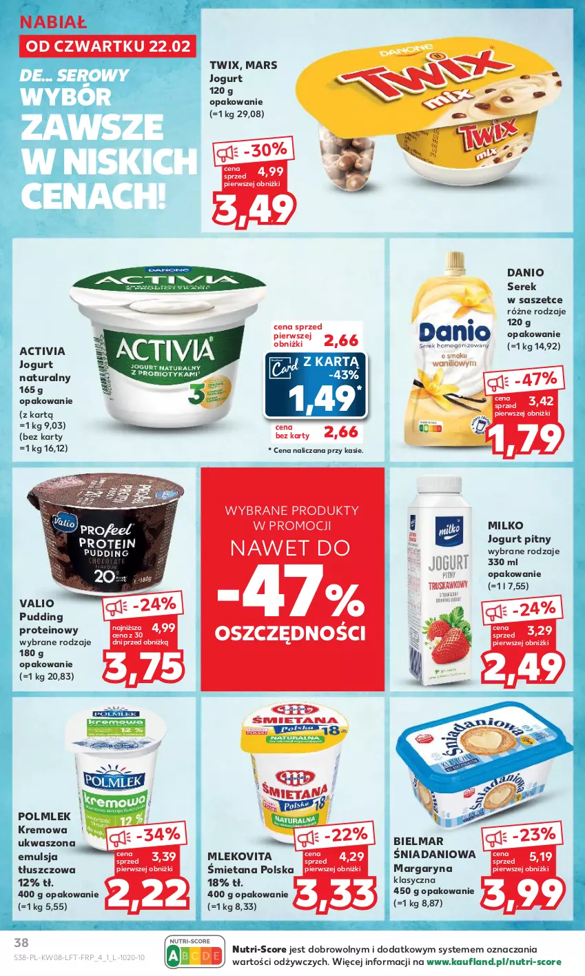 Gazetka promocyjna Kaufland - Gazetka tygodnia - ważna 22.02 do 28.02.2024 - strona 38 - produkty: Activia, Danio, Emulsja, Jogurt, Jogurt naturalny, Jogurt pitny, Margaryna, Mars, Mleko, Mlekovita, POLMLEK, Pudding, Ser, Serek, Twix