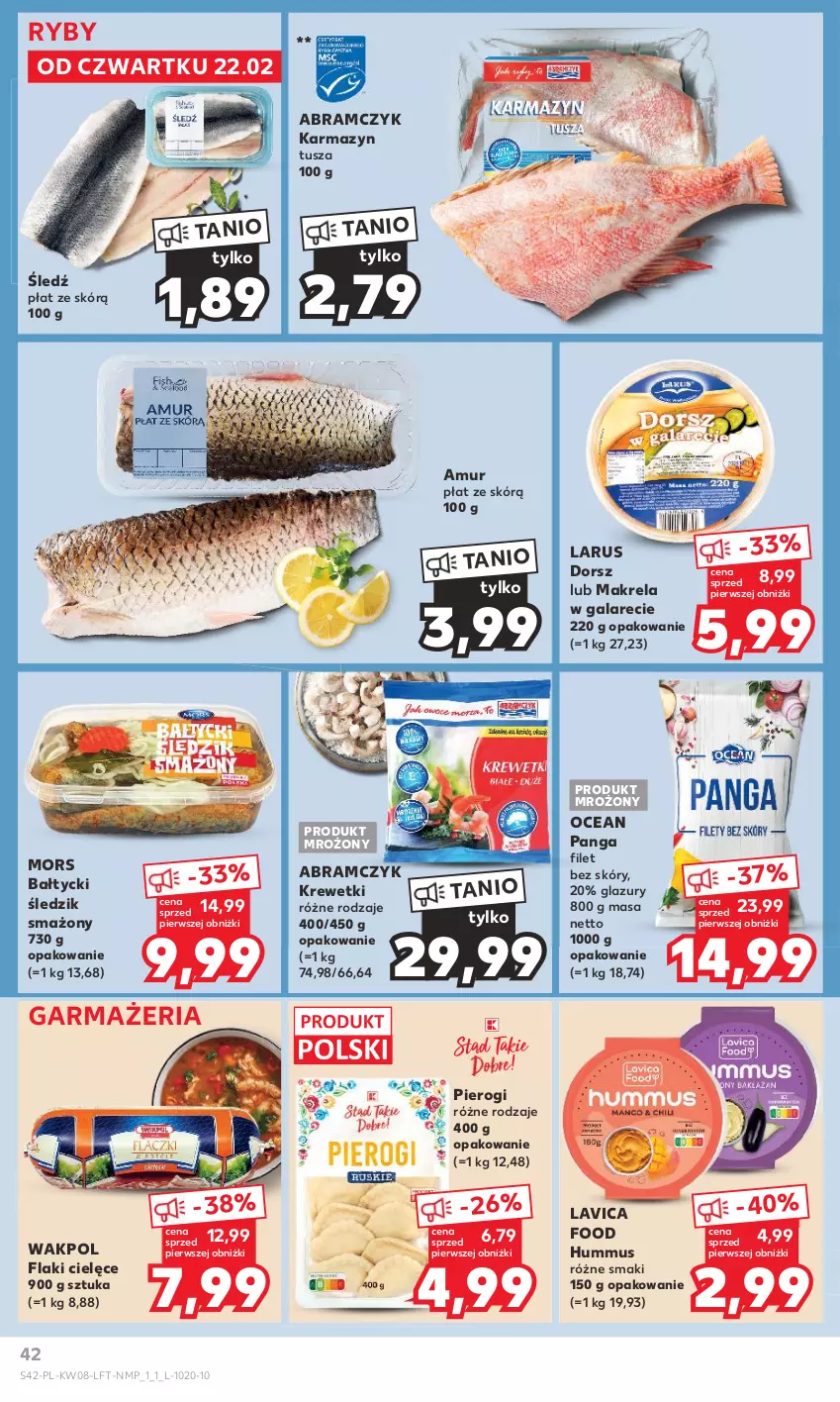 Gazetka promocyjna Kaufland - Gazetka tygodnia - ważna 22.02 do 28.02.2024 - strona 42 - produkty: Dorsz, Flaki, Gala, Hummus, Karmazyn tusza, Krewetki, Lazur, Makrela w galarecie, Mus, Panga, Pierogi, Tusz