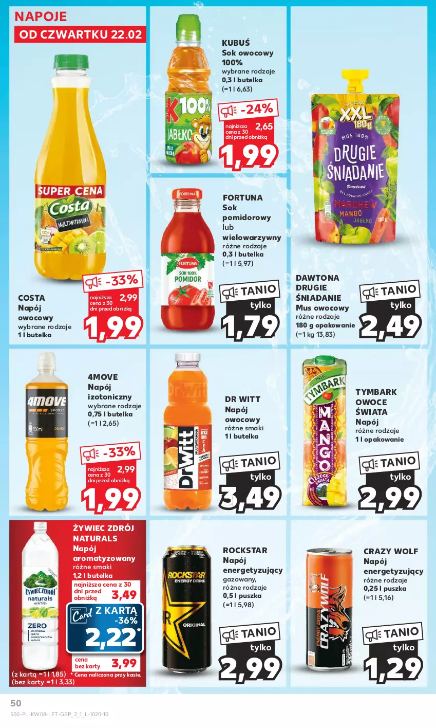 Gazetka promocyjna Kaufland - Gazetka tygodnia - ważna 22.02 do 28.02.2024 - strona 50 - produkty: Dawtona, Fortuna, Kubuś, Mus, Napój, Napój izotoniczny, Napoje, Owoce, Sok, Sok pomidorowy, Tymbark