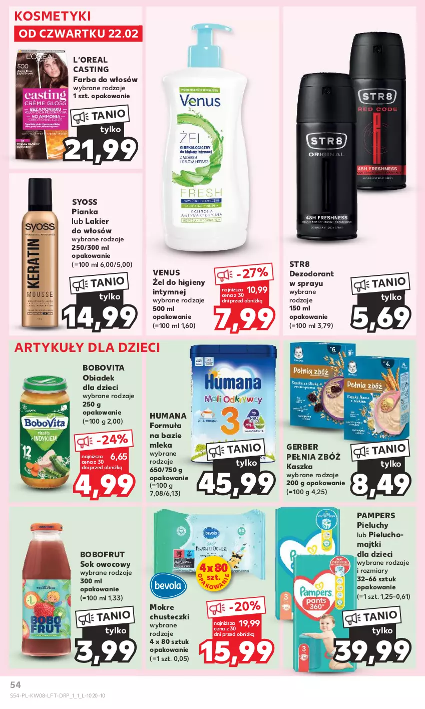 Gazetka promocyjna Kaufland - Gazetka tygodnia - ważna 22.02 do 28.02.2024 - strona 54 - produkty: Bobofrut, BoboVita, Chusteczki, Dezodorant, Dzieci, Fa, Farba do włosów, Gerber, Humana, Lakier, Lakier do włosów, Majtki, Pampers, Pieluchomajtki, Pieluchy, Sok, Str8, Syoss, Venus