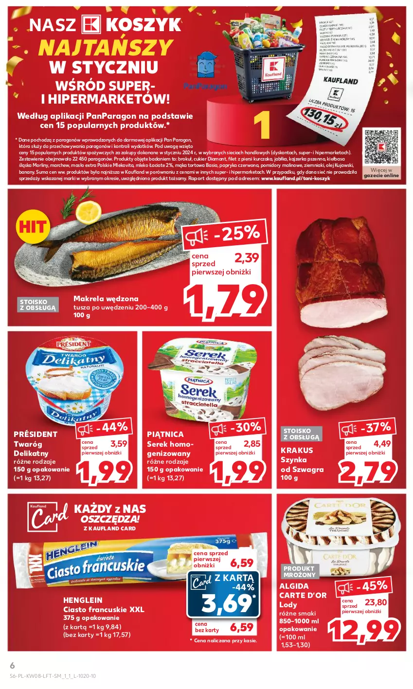 Gazetka promocyjna Kaufland - Gazetka tygodnia - ważna 22.02 do 28.02.2024 - strona 6 - produkty: Algida, Banany, Basia, Ciasto francuskie, Cukier, Diamant, Dres, Filet z piersi kurczaka, Gra, Jabłka, Kajzerka, Kajzerka pszenna, Kiełbasa, Kiełbasa śląska, Kosz, Krakus, Kujawski, Kurczak, LG, Lody, Mąka, Mąka tortowa, Masło, Mleko, Mlekovita, Morliny, Olej, Papryka, Papryka czerwona, Piątnica, Pomidory, Por, Président, Ser, Serek, Serek homogenizowany, Szynka, Tusz, Twaróg, Twaróg delikatny, Ziemniaki