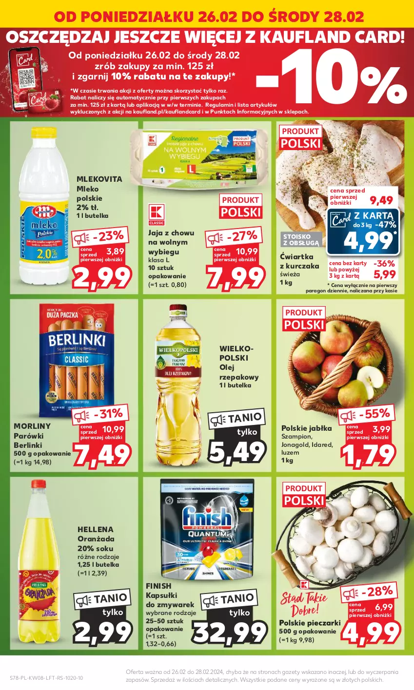 Gazetka promocyjna Kaufland - Gazetka tygodnia - ważna 22.02 do 28.02.2024 - strona 78 - produkty: Berlinki, Finish, Hellena, Jabłka, Jaja, Jonagold, Kurczak, Mleko, Mlekovita, Morliny, Olej, Olej rzepakowy, Oranżada, Parówki, Piec, Sok, Szampion