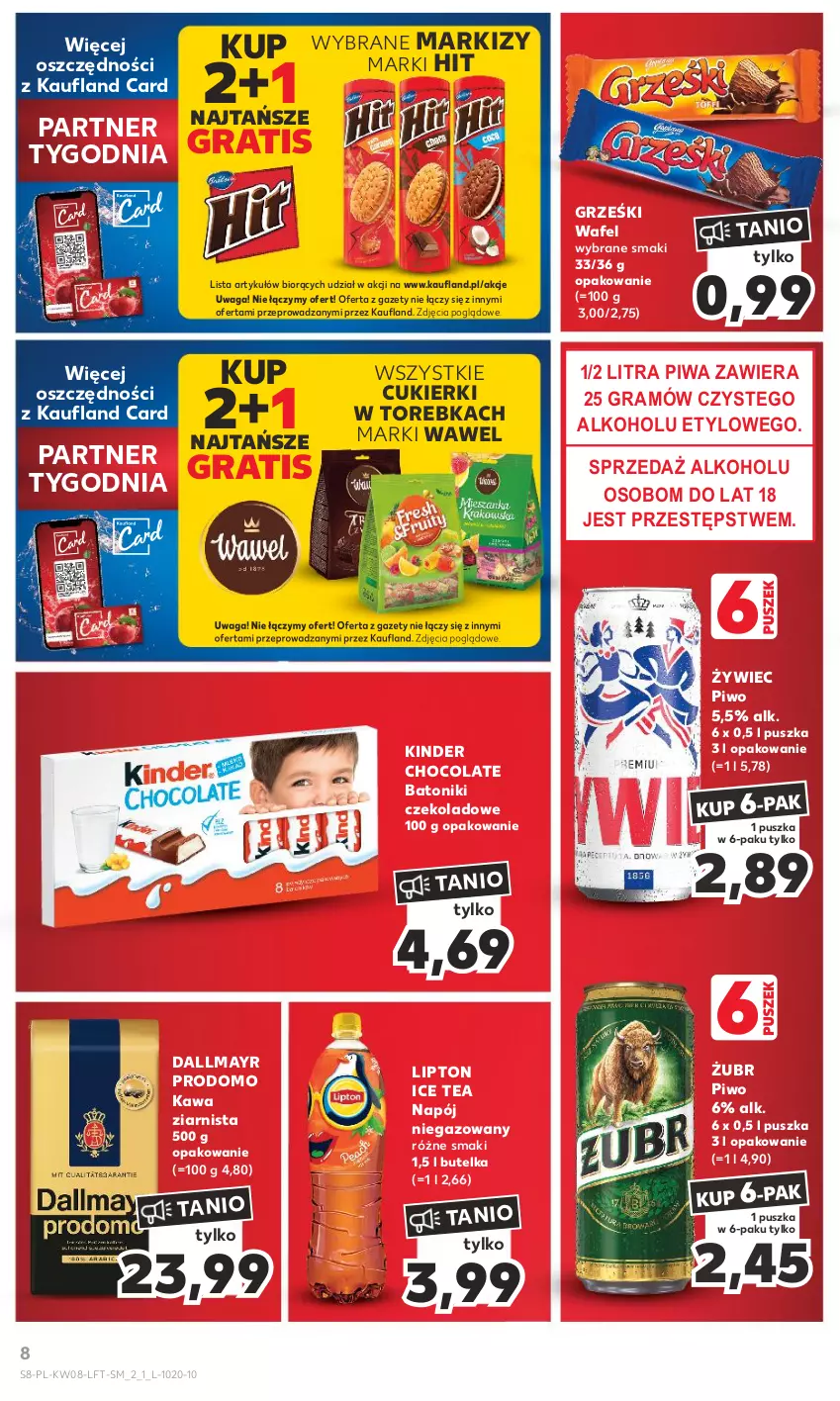 Gazetka promocyjna Kaufland - Gazetka tygodnia - ważna 22.02 do 28.02.2024 - strona 8 - produkty: Baton, Cukier, Cukierki, Dallmayr, Gra, Grześki, Ice tea, Kawa, Kawa ziarnista, Kinder, Lipton, Napój, Napój niegazowany, Piwa, Piwo, Tonik, Torebka, Waga, Wawel