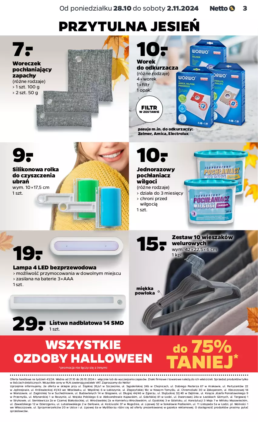 Gazetka promocyjna Netto - Akcesoria i dodatki - ważna 28.10 do 02.11.2024 - strona 3 - produkty: Amica, Electrolux, Fa, Kujawski, Lampa, LANA, LG, Listwa, Odkurzacz, Pochłaniacz wilgoci, Podlaski, Silan, Sok, Stock, Top, Wieszak, Woreczek, Zelmer