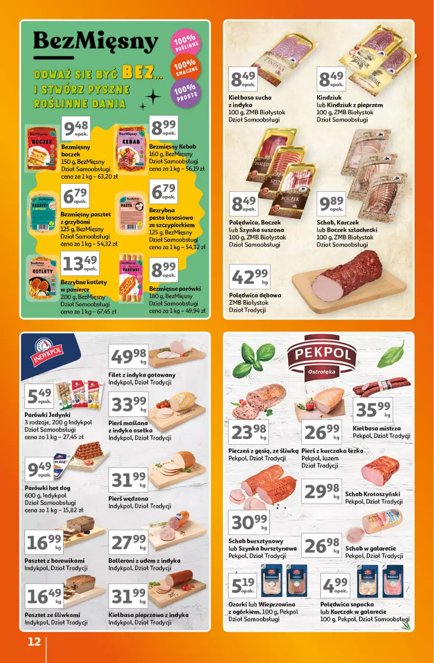 Gazetka promocyjna Auchan - Gazetka Znane Marki Lubiane Hipermarket Auchan - ważna 07.09 do 13.09.2023 - strona 12 - produkty: Boczek, Bursztyn, Gala, Hot dog, Kiełbasa, Kindziuk, Kurczak, LANA, Parówki, Parówki hot dog, Pasztet, Pekpol, Piec, Pieprz, Polędwica, Schab krotoszyński, Szynka, Wieprzowina