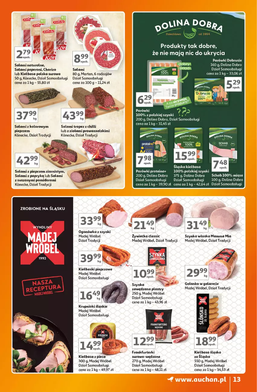 Gazetka promocyjna Auchan - Gazetka Znane Marki Lubiane Hipermarket Auchan - ważna 07.09 do 13.09.2023 - strona 13 - produkty: Frankfurterki, Gala, Kiełbasa, Kiełbasa śląska, Kiełbaski pieprzowe, Madej Wróbel, Obrus, Ogonówka, Parówki, Piec, Pieprz, Salami, Salami z papryką, Szynka