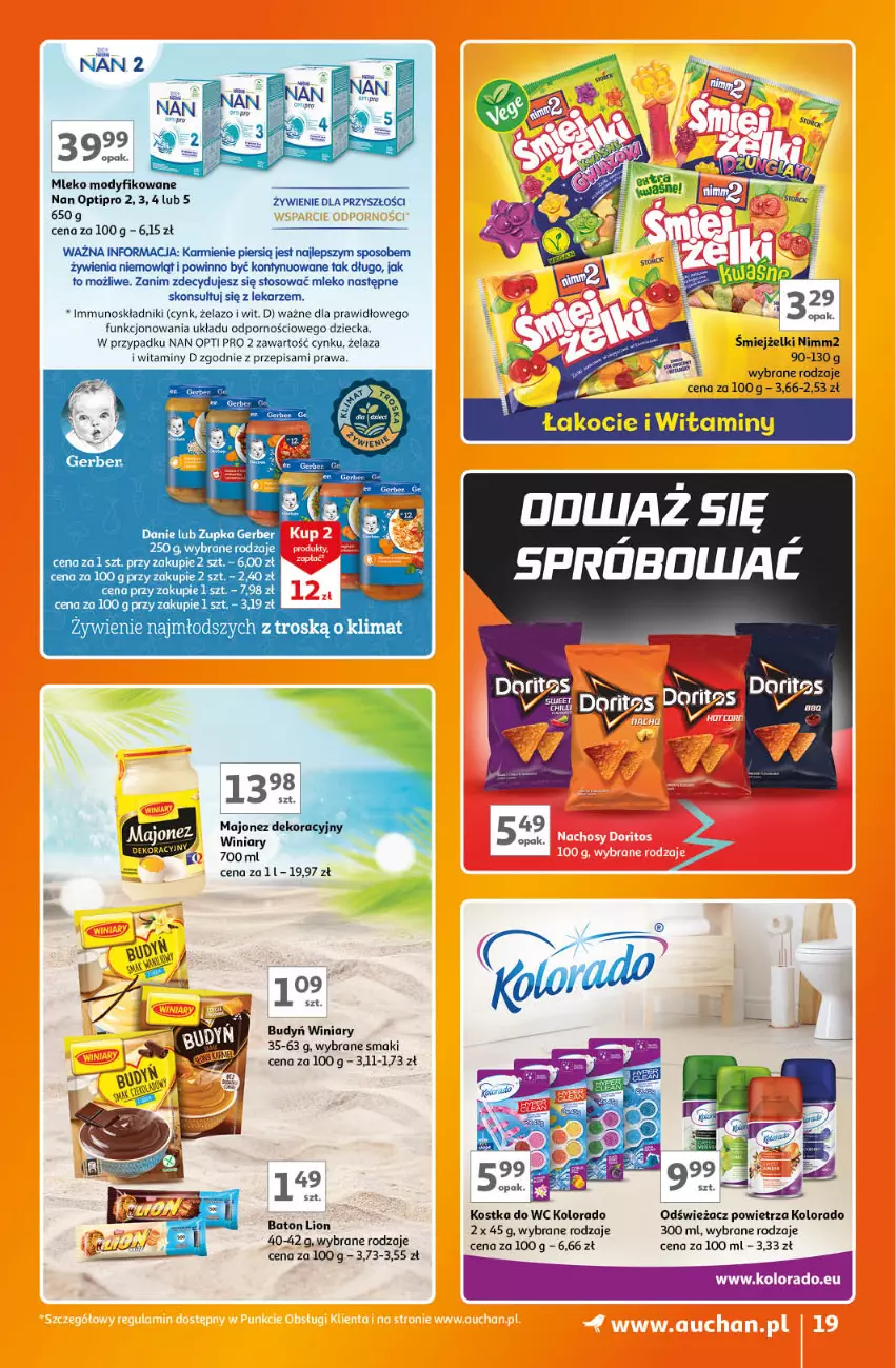 Gazetka promocyjna Auchan - Gazetka Znane Marki Lubiane Hipermarket Auchan - ważna 07.09 do 13.09.2023 - strona 19 - produkty: Baton, Budyń, Cynk, Gerber, Karmi, Koc, Kolorado, Kostka do wc, Lion, Mleko, Mleko modyfikowane, NAN Optipro, Nimm2, O nas, Odświeżacz powietrza, Por, Winiary