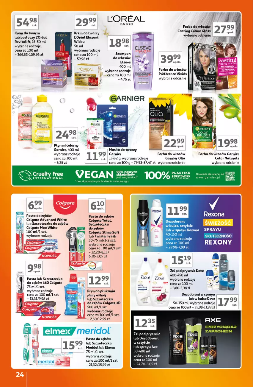 Gazetka promocyjna Auchan - Gazetka Znane Marki Lubiane Hipermarket Auchan - ważna 07.09 do 13.09.2023 - strona 24 - produkty: Colgate, Colgate Total, Dezodorant, Dove, Elmex, Elseve, Fa, Farba do włosów, Garnier, Krem do twarzy, LG, Maska, Maska do twarzy, Pasta do zębów, Płyn micelarny, Rexona, Szampon, Szczoteczka, Szczoteczka do zębów