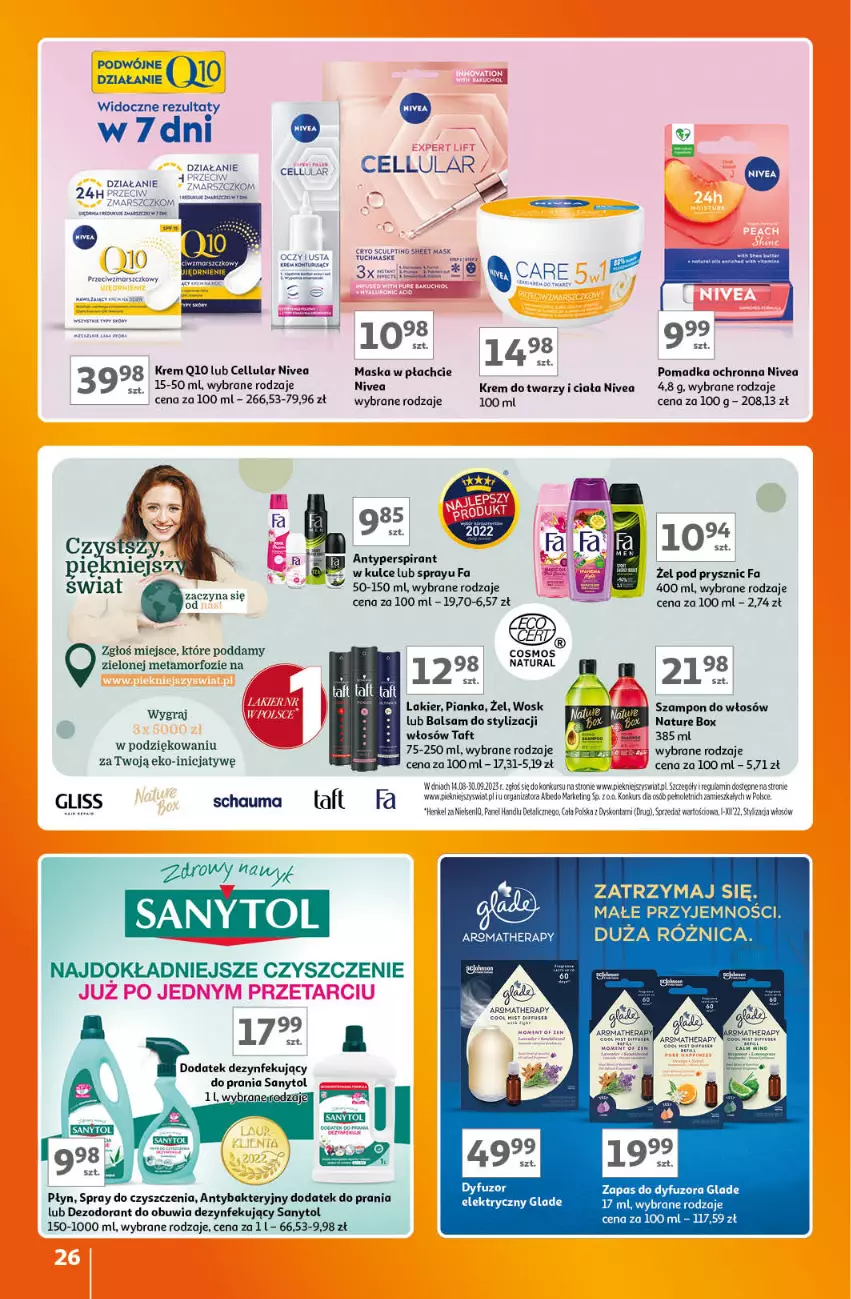 Gazetka promocyjna Auchan - Gazetka Znane Marki Lubiane Hipermarket Auchan - ważna 07.09 do 13.09.2023 - strona 26 - produkty: Antyperspirant, Dezodorant, Fa, Gra, Krem do twarzy, Lakier, Maska, Maska w płachcie, Nature Box, Nivea, Sanytol, Schauma, Spray do czyszczenia, Szampon, Taft