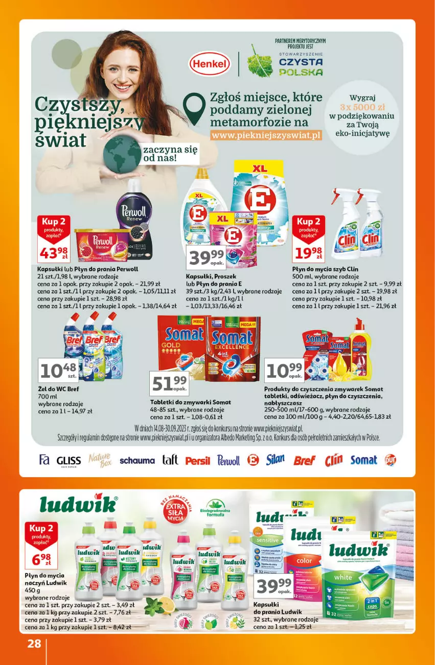 Gazetka promocyjna Auchan - Gazetka Znane Marki Lubiane Hipermarket Auchan - ważna 07.09 do 13.09.2023 - strona 28 - produkty: Bols, Bref, Clin, Do mycia naczyń, Fa, Gra, Kapsułki do prania, Ludwik, Perwoll, Płyn do mycia, Płyn do mycia naczyń, Płyn do prania, Schauma, Silan, Somat, Tablet, Tabletki do zmywarki, Taft, Zmywarki