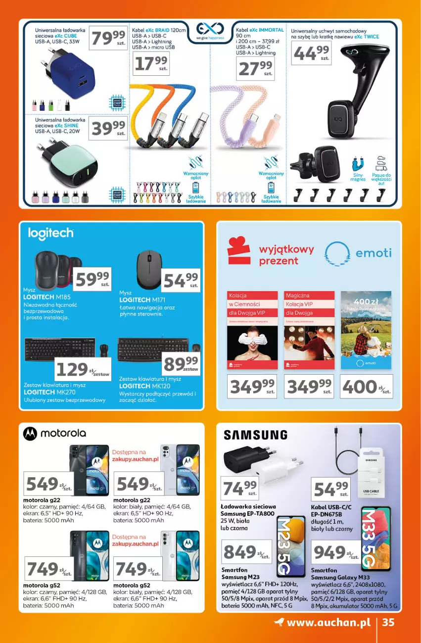 Gazetka promocyjna Auchan - Gazetka Znane Marki Lubiane Hipermarket Auchan - ważna 07.09 do 13.09.2023 - strona 35 - produkty: Bateria, K2, Kabel USB, Klawiatura, Logitech, Motorola, Mysz, Olej, Przewód, Samsung, Smartfon, Warka