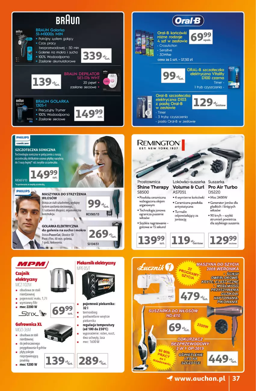 Gazetka promocyjna Auchan - Gazetka Znane Marki Lubiane Hipermarket Auchan - ważna 07.09 do 13.09.2023 - strona 37 - produkty: 5 Sekund, Akumulator, Braun, Depilator, Golarka, Gra, Maszynka, Olej, Philips, Piekarnik, Por, Remington, Rum, Silan, Suszarka, Szczoteczka, Szczoteczka soniczna, Szynka, Taca, Uchwyty