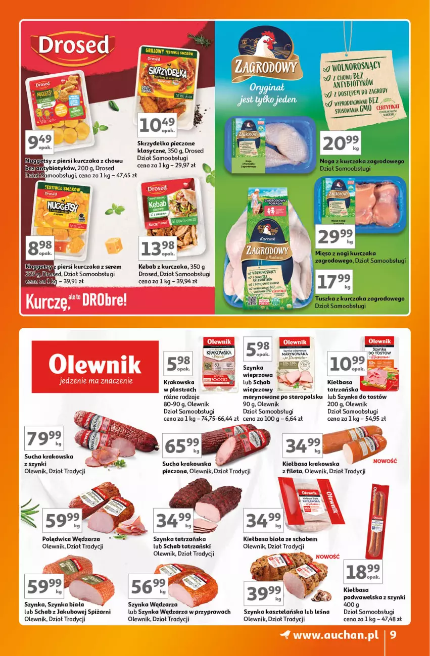 Gazetka promocyjna Auchan - Gazetka Znane Marki Lubiane Hipermarket Auchan - ważna 07.09 do 13.09.2023 - strona 9 - produkty: Kebab, Kebab z kurczaka, Kiełbasa, Kiełbasa biała, Kiełbasa krakowska, Kurczak, Olewnik, Piec, Polędwica, Skrzydełka pieczone, Szynka, Szynka biała