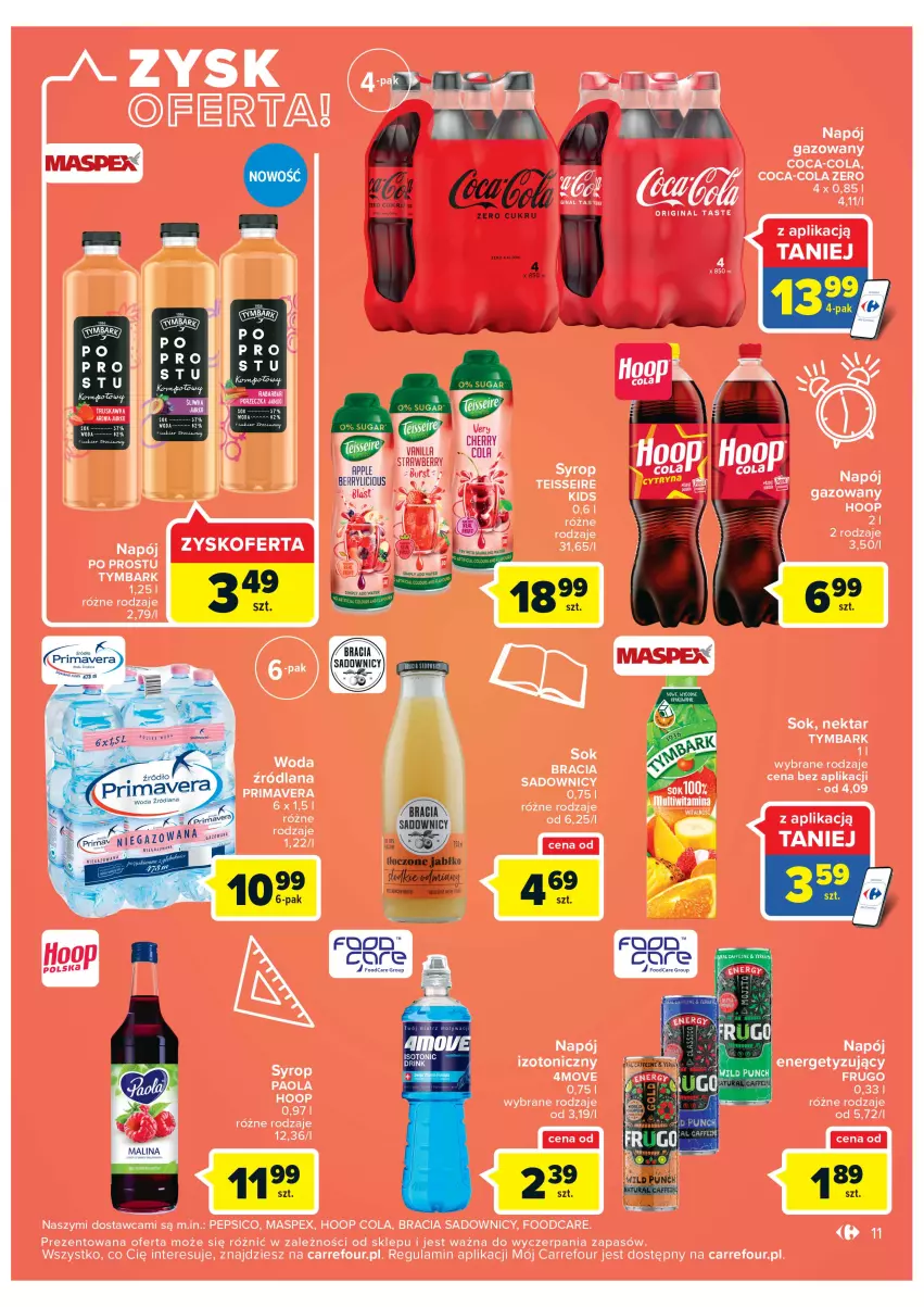 Gazetka promocyjna Carrefour - Gazetka Szalona 5 Market Łomża - ważna 16.08 do 28.08.2022 - strona 11 - produkty: Coca-Cola, Gin, Hoop, LANA, Napój, Napój gazowany, Napój izotoniczny, Nektar, Paola, Pepsi, Prima, Primavera, Sok, Syrop, Tymbark, Woda