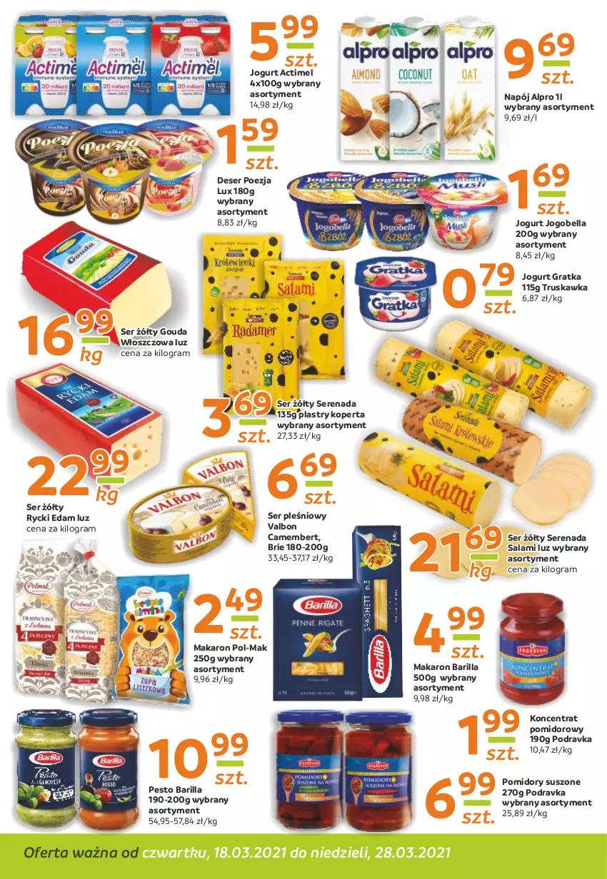 Gazetka promocyjna Gama - Gazetka Gama - ważna 18.03 do 28.03.2021 - strona 8 - produkty: Actimel, Alpro, Barilla, Bell, Bella, Brie, Camembert, Deser, Edam, Gouda, Gra, Jogobella, Jogurt, Koncentrat pomidorowy, Makaron, Napój, Pesto, Podravka, Pomidory, Rycki Edam, Salami, Ser, Ser pleśniowy