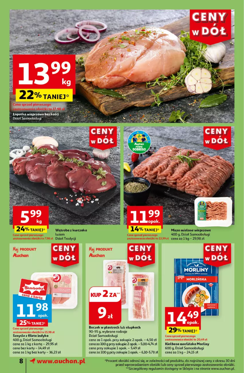 Gazetka promocyjna Auchan - Gazetka CENY W DÓŁ Supermarket Auchan - ważna 20.06 do 26.06.2024 - strona 10 - produkty: Boczek, Kiełbasa, Kurczak, Mięso, Mięso mielone, Morliny