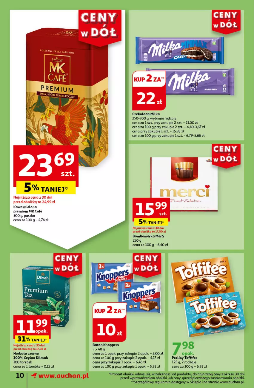 Gazetka promocyjna Auchan - Gazetka CENY W DÓŁ Supermarket Auchan - ważna 20.06 do 26.06.2024 - strona 12 - produkty: Baton, Czekolada, Dilmah, Herbata, Herbata czarna, Kawa, Kawa mielona, Knoppers, Merci, Milka, Praliny, Toffifee