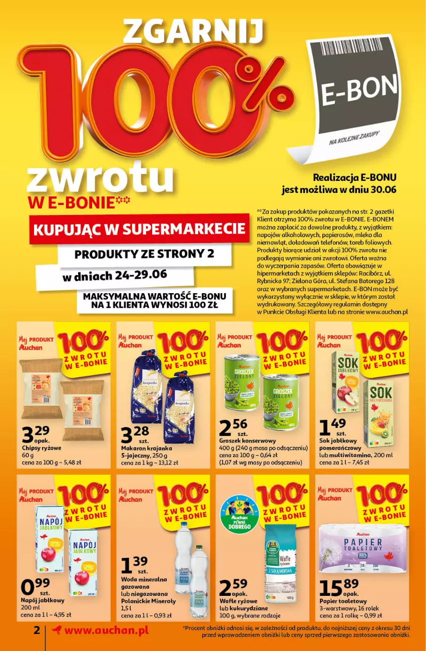 Gazetka promocyjna Auchan - Gazetka CENY W DÓŁ Supermarket Auchan - ważna 20.06 do 26.06.2024 - strona 2 - produkty: Chipsy, Fa, Groszek, Makaron, Napój, Papier, Papier toaletowy, Ryż, Ser, Sok, Sok jabłkowy, Telefon, Wafle, Woda, Woda mineralna