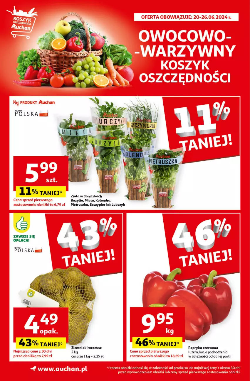 Gazetka promocyjna Auchan - Gazetka CENY W DÓŁ Supermarket Auchan - ważna 20.06 do 26.06.2024 - strona 4 - produkty: Bazyl, Bazylia, Kolendra, Mięta, Papryka, Papryka czerwona, Pietruszka, Ziemniaki