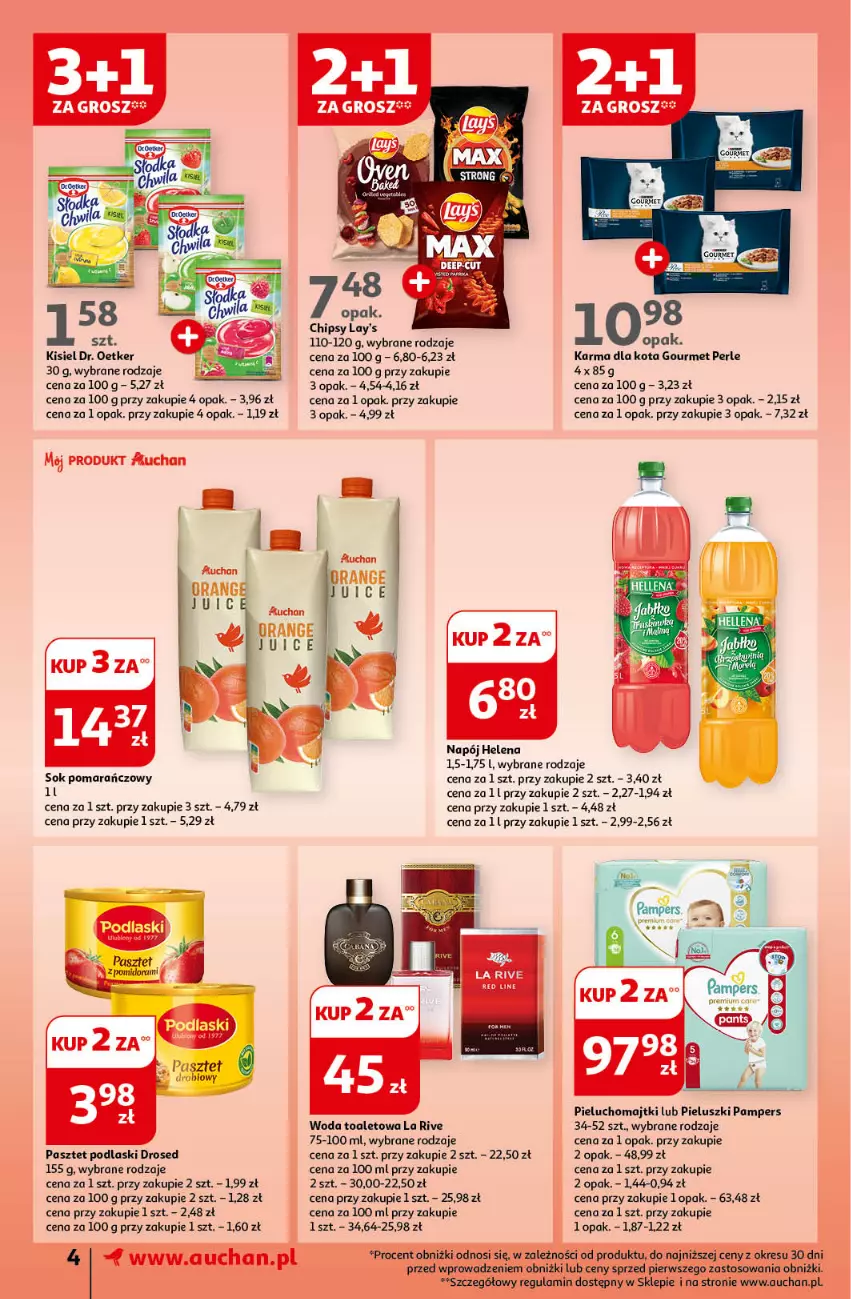 Gazetka promocyjna Auchan - Gazetka CENY W DÓŁ Supermarket Auchan - ważna 20.06 do 26.06.2024 - strona 6 - produkty: Chipsy, Dr. Oetker, Kisiel, La Rive, Majtki, Napój, Pampers, Pasztet, Pieluchomajtki, Podlaski, Sok, Sok pomarańczowy, Woda, Woda toaletowa