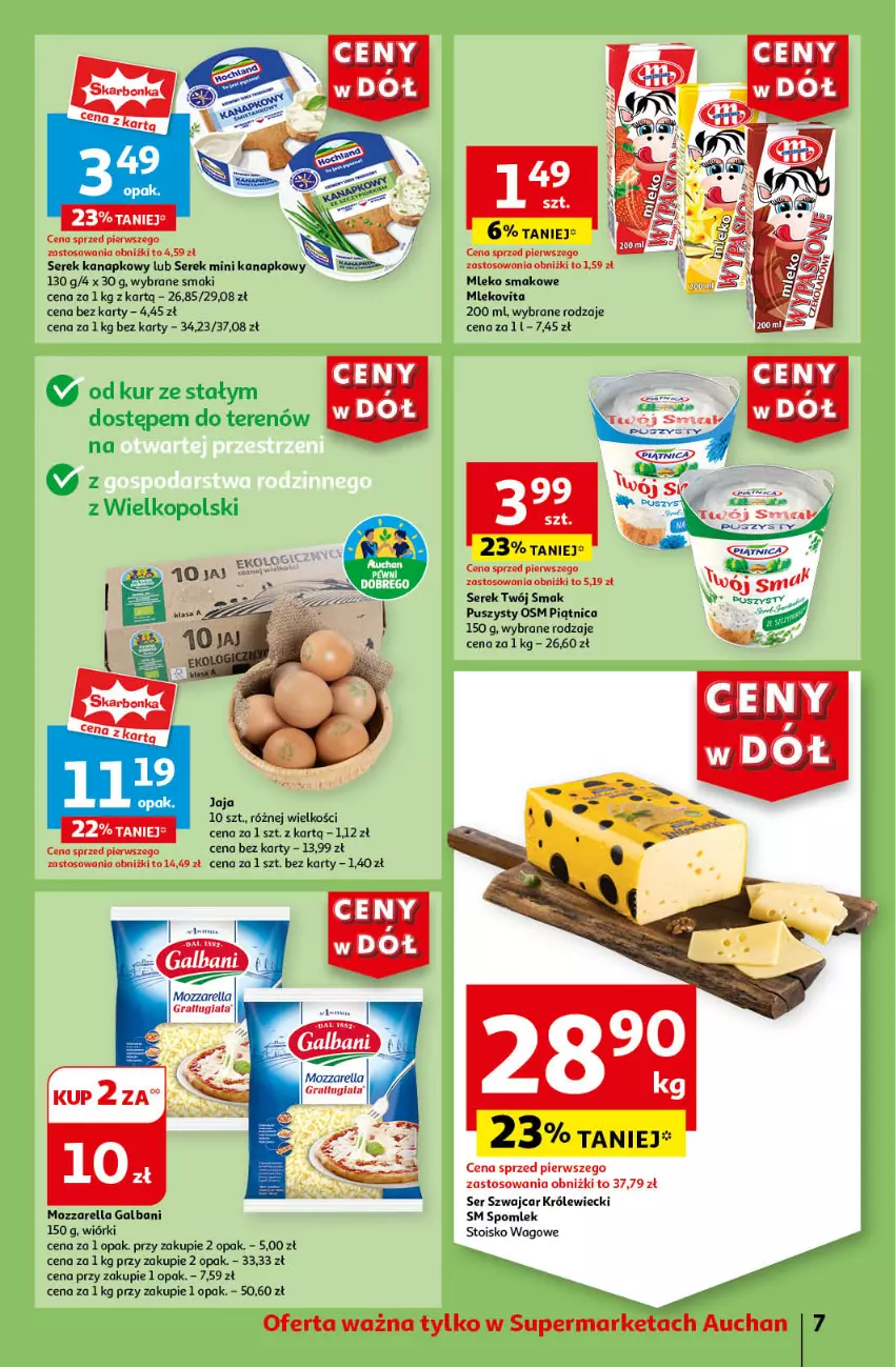 Gazetka promocyjna Auchan - Gazetka CENY W DÓŁ Supermarket Auchan - ważna 20.06 do 26.06.2024 - strona 9 - produkty: Galbani, Gra, Jaja, Mleko, Mleko smakowe, Mlekovita, Mozzarella, Piątnica, Ser, Serek, Serek kanapkowy, Twój Smak, Vita C