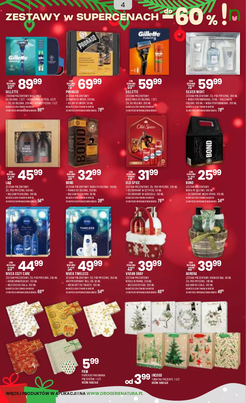Gazetka promocyjna Drogerie Natura - Gazetka Drogerie Natura - ważna 10.12 do 28.12.2025 - strona 4 - produkty: Antyperspirant, Balsam do ciała, Balsam po goleniu, Dezodorant, Gillette, Gra, Kosmetyczka, Krem do rąk, Krem uniwersalny, Maszynka, Maszynka do golenia, Mleczko, Mleczko do ciała, Mydło, Mydło w płynie, Nivea, Old Spice, Olej, Papier, Papier do pakowania, Perfum, Pianka do golenia, Szampon, Szynka, Woda, Woda perfumowana, Woda po goleniu, Zestaw prezentowy