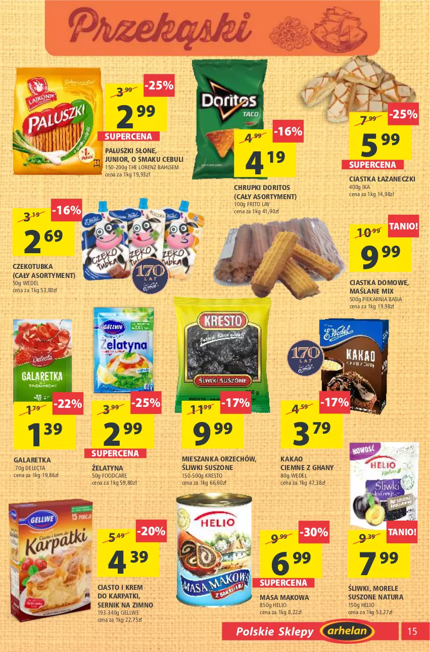 Gazetka promocyjna Arhelan - Gazetka - ważna 12.03 do 21.03.2021 - strona 15 - produkty: Basia, Chrupki, Ciastka, Delecta, Gala, Galaretka, Helio, Kakao, Karp, Krem do karpatki, Lorenz, Ser