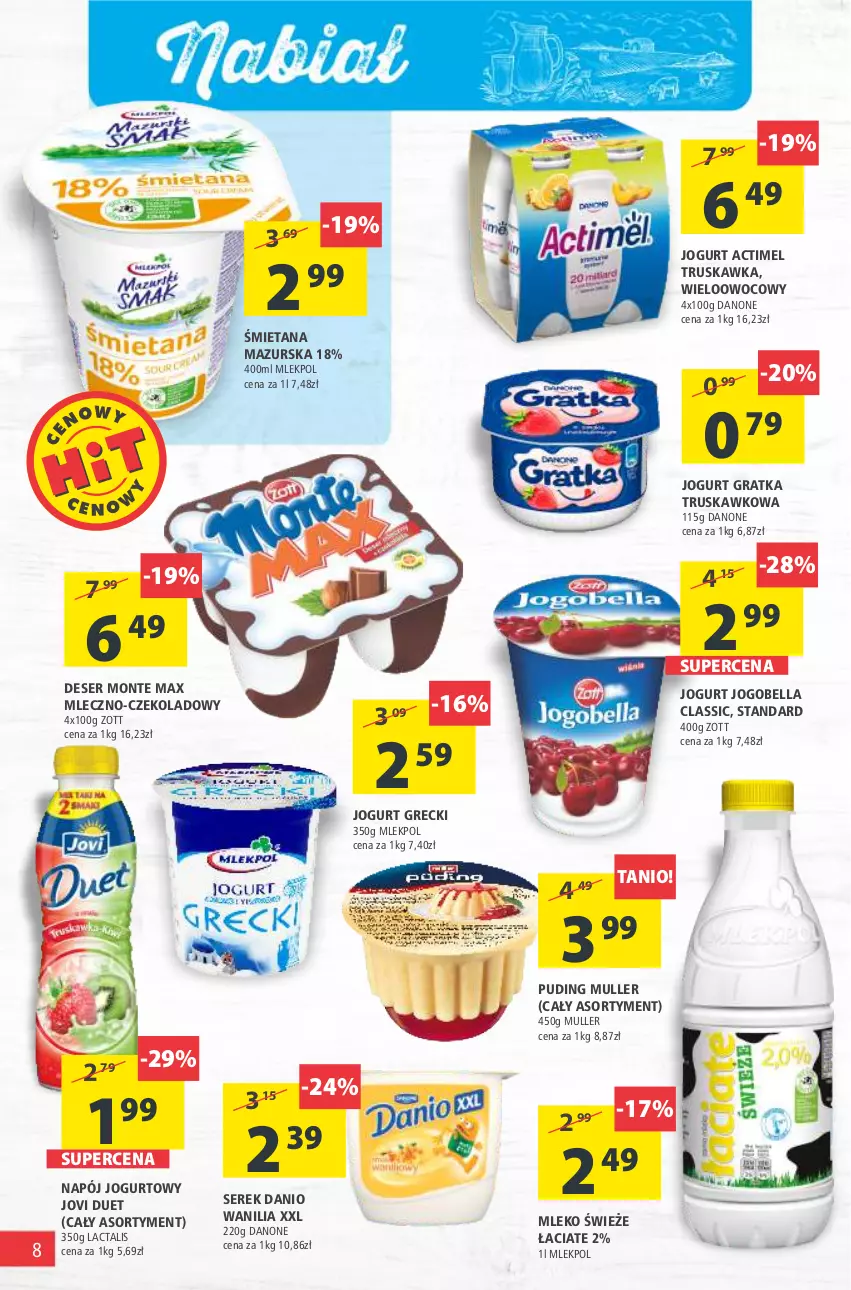 Gazetka promocyjna Arhelan - Gazetka - ważna 12.03 do 21.03.2021 - strona 8 - produkty: Actimel, Bell, Bella, Danio, Danone, Deser, Gra, Jogobella, Jogurt, Mleko, Monte, Napój, Napój jogurtowy, Ser, Serek, Zott