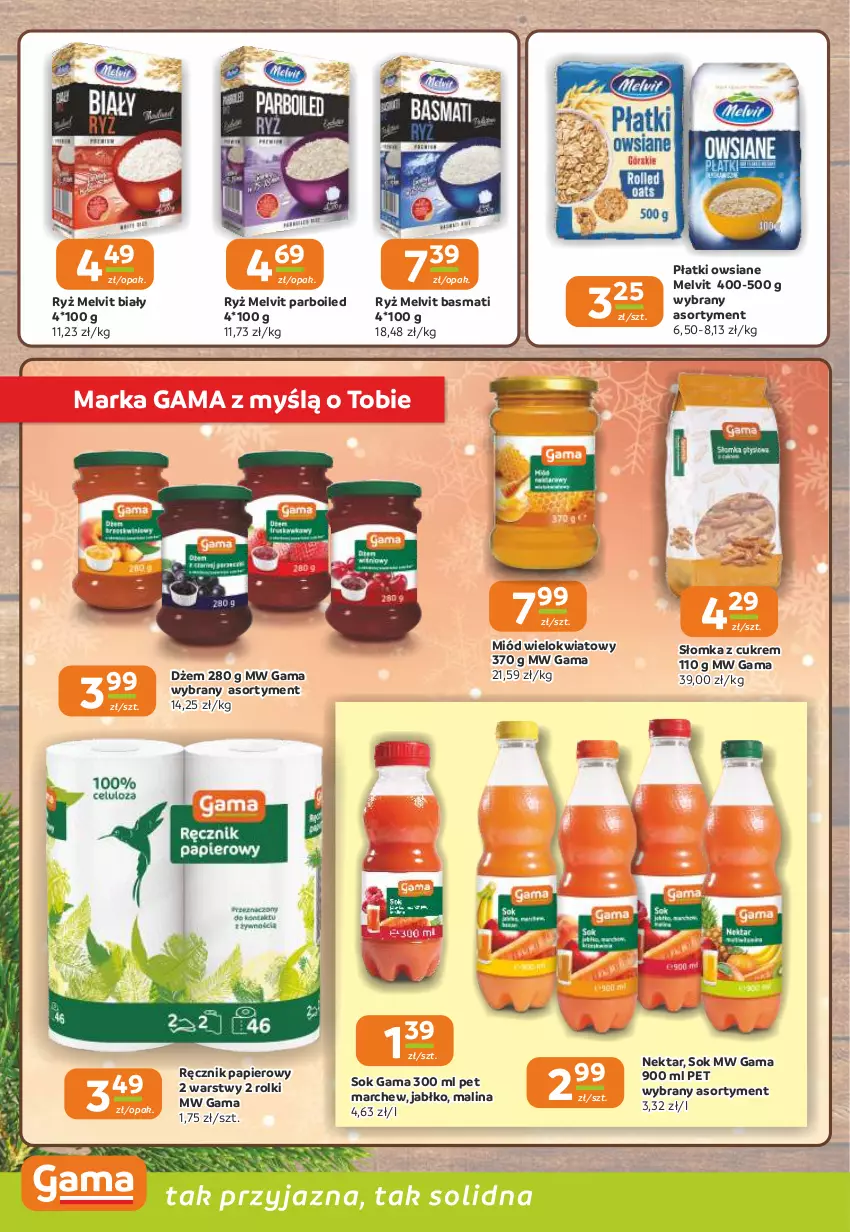 Gazetka promocyjna Gama - Gazetka Gama - ważna 27.11 do 09.12.2025 - strona 12 - produkty: Dżem, Melvit, Miód, Nektar, Papier, Płatki owsiane, Ręcznik, Rolki, Ryż, Sok