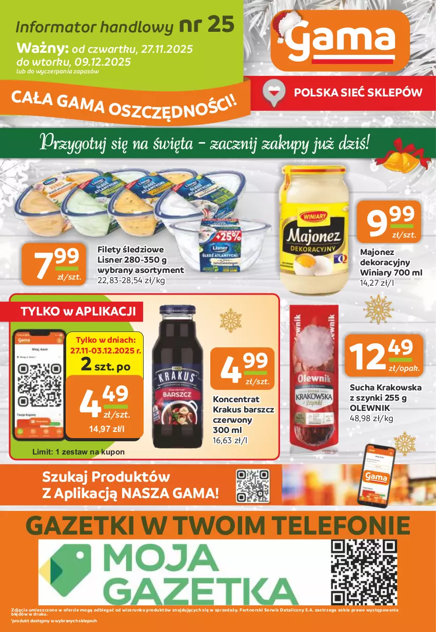 Gazetka promocyjna Gama - Gazetka Gama - ważna 27.11 do 09.12.2025 - strona 16 - produkty: Krakus, Lisner, Majonez, Olewnik, Ser, Telefon, Winiary
