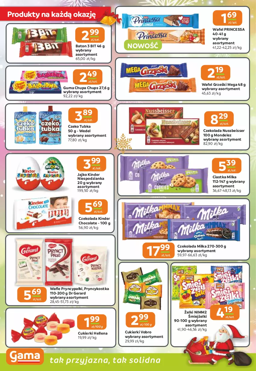 Gazetka promocyjna Gama - Gazetka Gama - ważna 27.11 do 09.12.2025 - strona 8 - produkty: Baton, Chupa Chups, Ciastka, Cukier, Cukierki, Czeko tubka, Czekolada, Dr Gerard, Grześki, Hellena, Kinder, Milka, Nimm2, Princessa, Ser