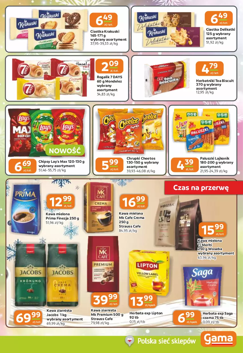 Gazetka promocyjna Gama - Gazetka Gama - ważna 27.11 do 09.12.2025 - strona 9 - produkty: 7 Days, Cheetos, Chipsy, Chrupki, Ciastka, Herbata, Herbatniki, Jacobs, Kawa, Kawa mielona, Kawa ziarnista, Krakus, Krakuski, Lajkonik, Lipton, Prima, Rogal, Saga, Woseba