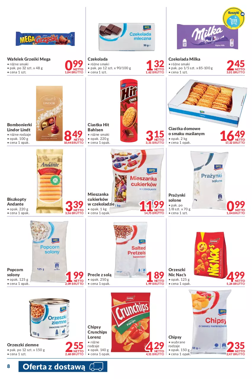 Gazetka promocyjna Makro - [Oferta promocyjna] Dostawy - ważna 27.12.2021 do 05.01.2022 - strona 8 - produkty: Biszkopty, Chipsy, Ciastka, Crunchips, Cukier, Czekolada, Grześki, Lindor, Lindt, Lorenz, Milka, Orzeszki, Orzeszki ziemne, Popcorn, Precle, Wafelek