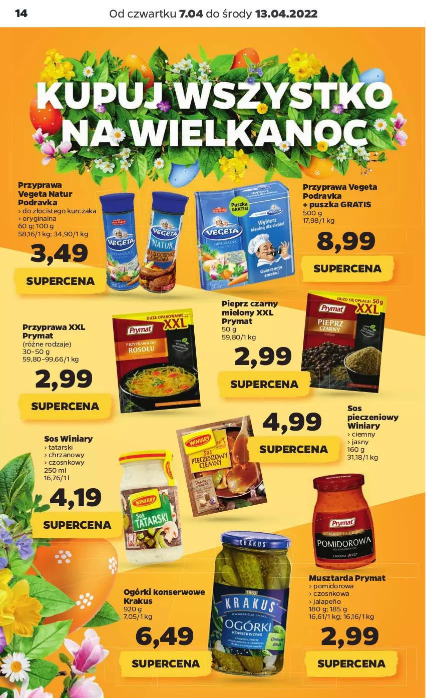 Gazetka promocyjna Netto - Gazetka spożywcza 7.04-13.04 - ważna 07.04 do 13.04.2022 - strona 14 - produkty: Chrzan, Gin, Gra, Krakus, Kurczak, Mus, Musztarda, Ogórki konserwowe, Piec, Pieprz, Podravka, Prymat, Ser, Sos, Sos pieczeniowy, Vegeta, Vegeta Natur, Winiary