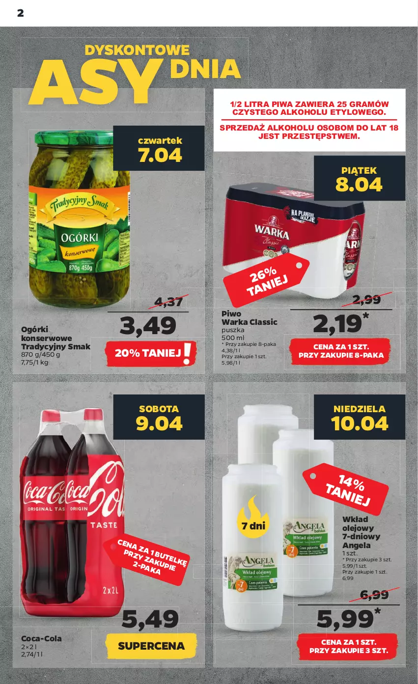 Gazetka promocyjna Netto - Gazetka spożywcza 7.04-13.04 - ważna 07.04 do 13.04.2022 - strona 2 - produkty: Coca-Cola, Gra, Ogórki konserwowe, Olej, Piwa, Piwo, Ser, Warka, Wkład olejowy