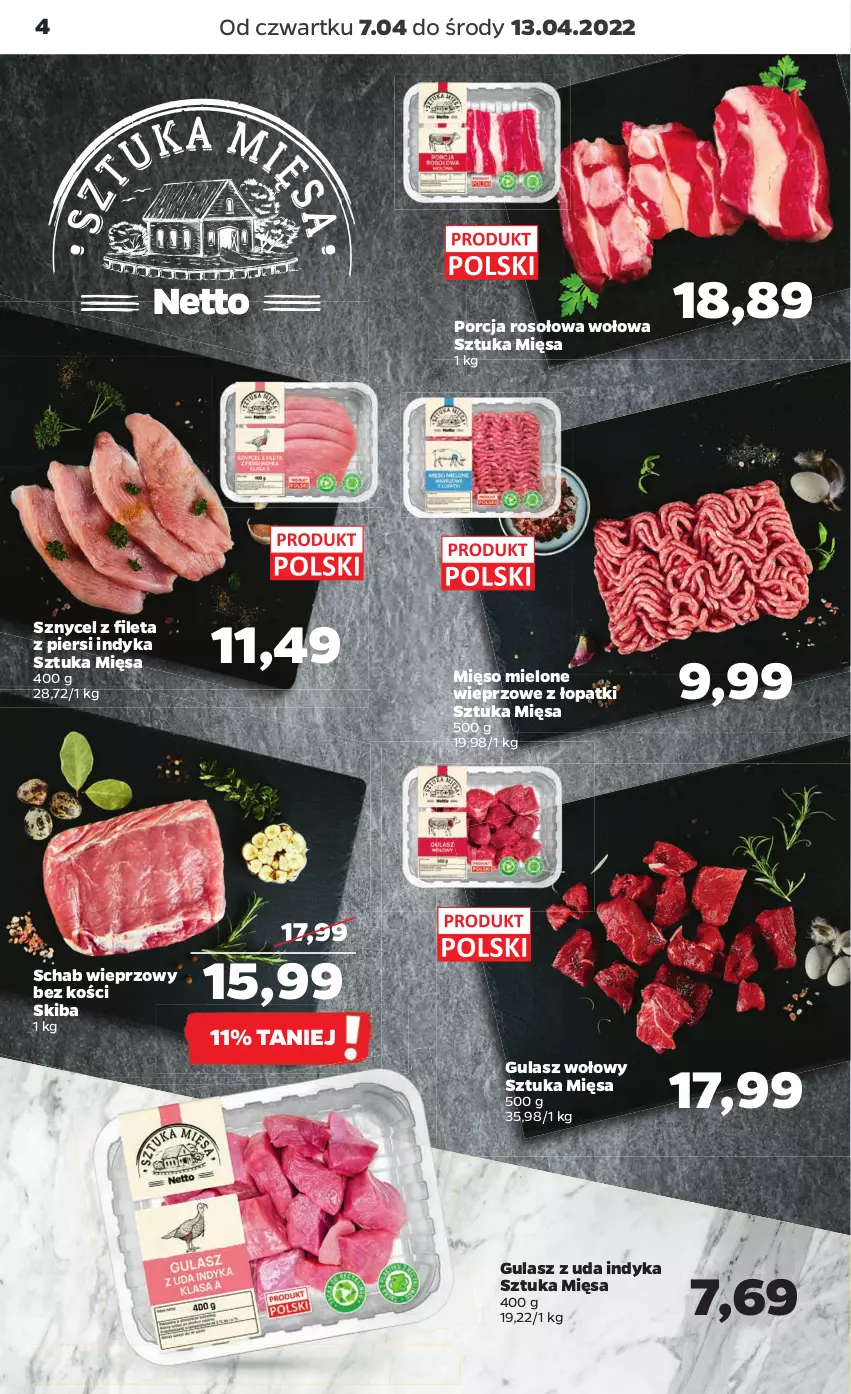 Gazetka promocyjna Netto - Gazetka spożywcza 7.04-13.04 - ważna 07.04 do 13.04.2022 - strona 4 - produkty: Gulasz wołowy, Mięso, Mięso mielone, Por, Schab wieprzowy