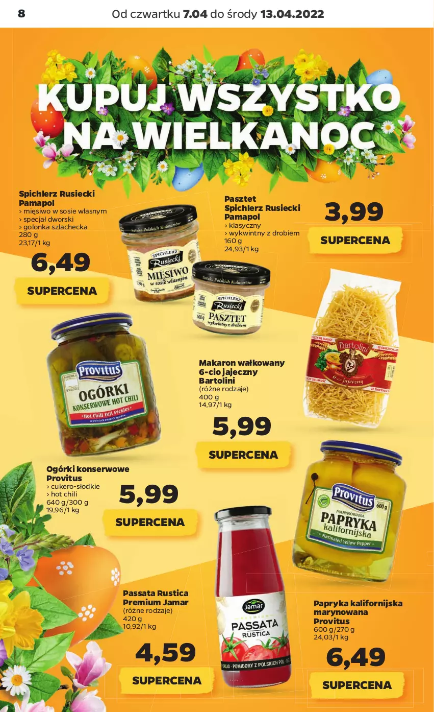 Gazetka promocyjna Netto - Gazetka spożywcza 7.04-13.04 - ważna 07.04 do 13.04.2022 - strona 8 - produkty: Makaron, Ogórki konserwowe, Papryka, Pasztet, Rust, Ser, Sos, Spichlerz Rusiecki