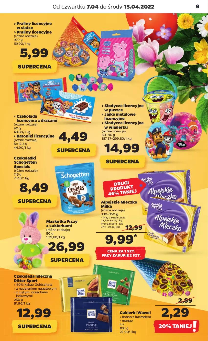 Gazetka promocyjna Netto - Gazetka spożywcza 7.04-13.04 - ważna 07.04 do 13.04.2022 - strona 9 - produkty: Baton, Cukier, Cukierki, Czekolada, Czekolada mleczna, Kakao, Mango, Milka, Mleczko, Por, Praliny, Ritter Sport, Schogetten, Sport, Tonik, Wawel