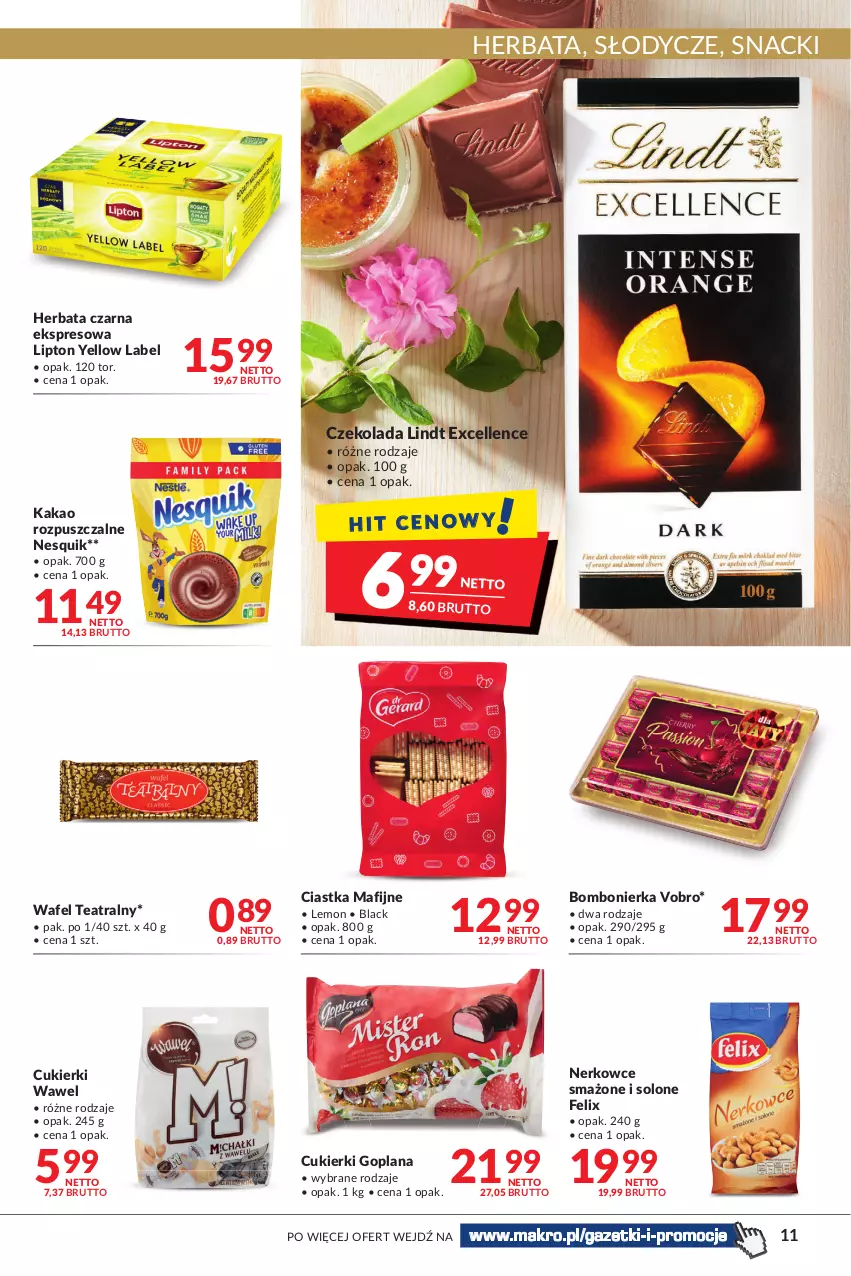 Gazetka promocyjna Makro - [Oferta promocyjna] Artykuły spożywcze i przemysłowe - ważna 14.06 do 27.06.2022 - strona 11 - produkty: Ciastka, Cukier, Cukierki, Czekolada, Felix, Goplana, Herbata, Herbata czarna, Kakao, Lack, LANA, Lindt, Lipton, Nesquik, Wawel