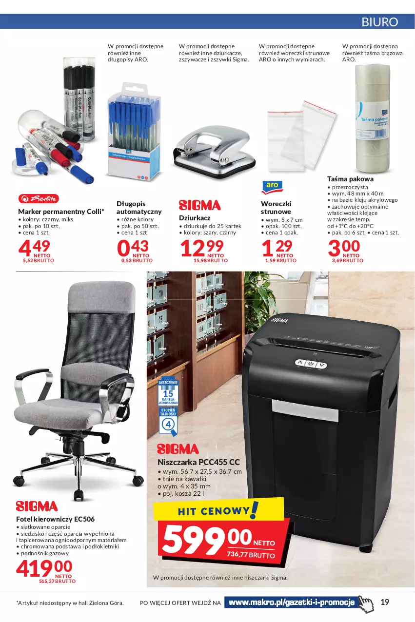 Gazetka promocyjna Makro - [Oferta promocyjna] Artykuły spożywcze i przemysłowe - ważna 14.06 do 27.06.2022 - strona 19 - produkty: Biuro, Długopis, Fotel, Kawa, Klej, Kosz, Marker, Niszczarka, Por, Siedzisko, Taśma pakowa