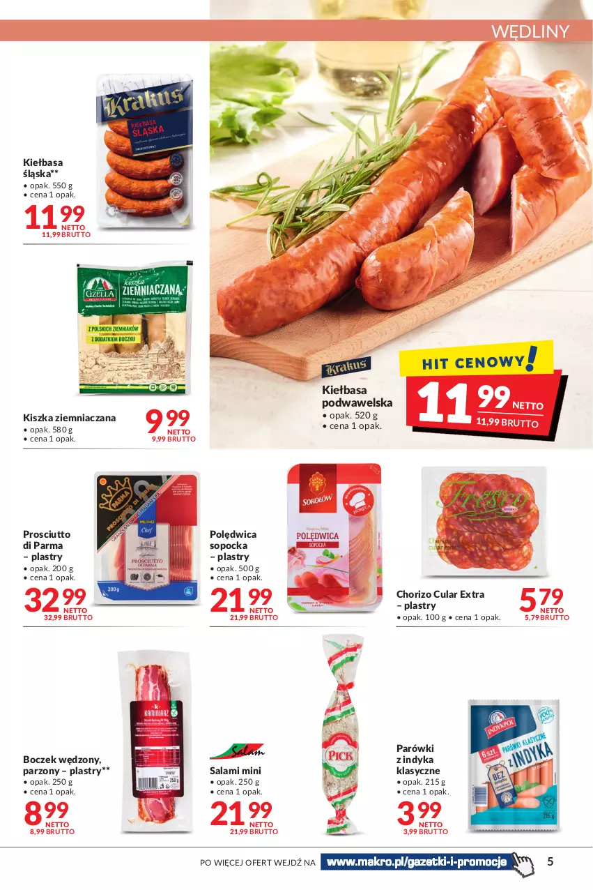 Gazetka promocyjna Makro - [Oferta promocyjna] Artykuły spożywcze i przemysłowe - ważna 14.06 do 27.06.2022 - strona 5 - produkty: Boczek, Kiełbasa, Kiełbasa podwawelska, Kiełbasa śląska, Parówki, Parówki z indyka, Polędwica, Prosciutto, Salami, Wawel