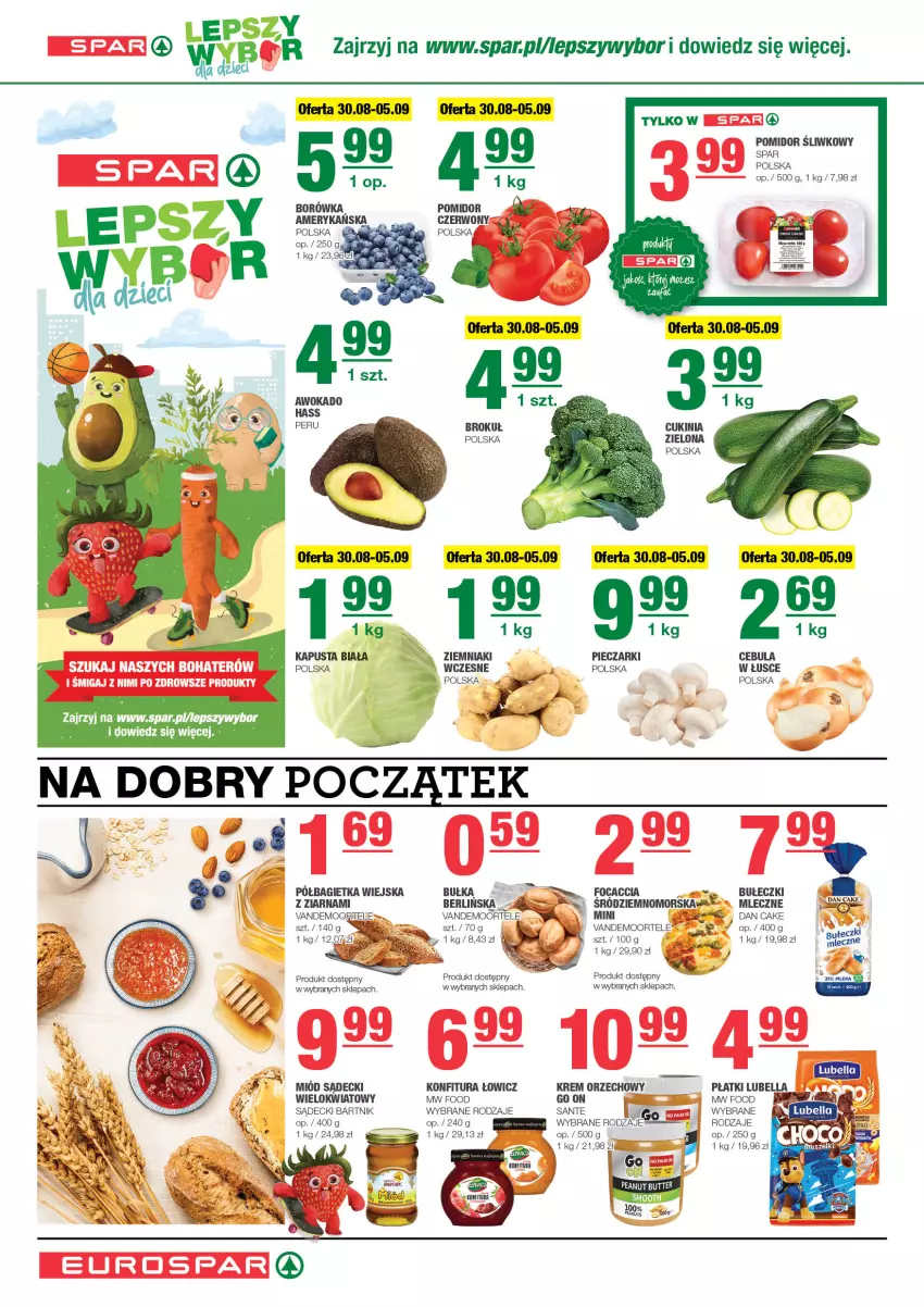 Gazetka promocyjna Spar - EuroSpar - ważna 27.08 do 06.09.2023 - strona 2 - produkty: Bagietka, Bell, Bella, Borówka, Bułeczki, Bułka, Cebula, Dan Cake, ELEX, Focaccia, Konfitura, Krem orzechowy, Lubella, Miód, Piec, Półbagietka, Sante, Ziemniaki