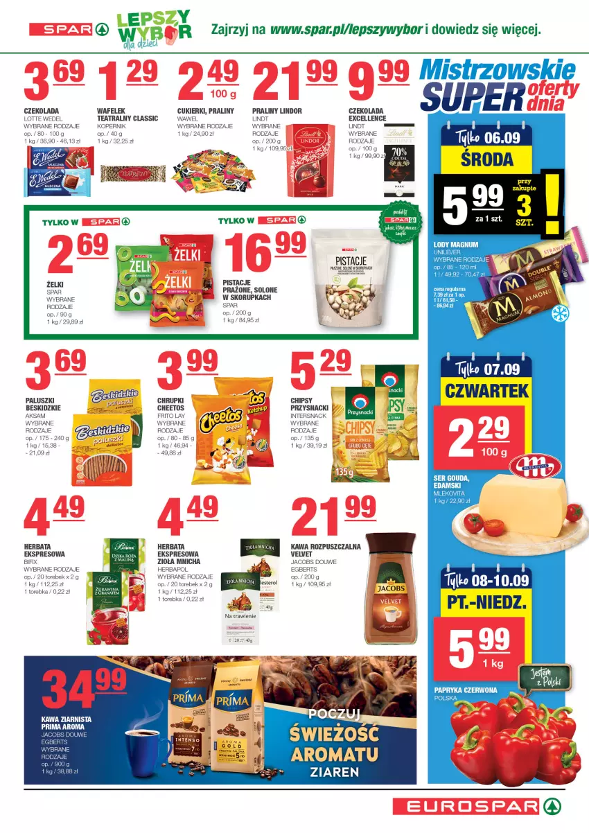 Gazetka promocyjna Spar - EuroSpar - ważna 27.08 do 06.09.2023 - strona 7 - produkty: Aksam, Beskidzki, Cheetos, Chipsy, Chrupki, Cukier, Cukierki, Czekolada, Dzika róża, Gra, Granat, Herbapol, Herbata, Jacobs, Kawa, Kawa rozpuszczalna, Kawa ziarnista, Lindor, Lindt, Lody, Mleko, Mlekovita, Papryka, Papryka czerwona, Pistacje, Praliny, Prima, Przysnacki, Razer, Róża, Torebka, Velvet, Wafelek, Wawel